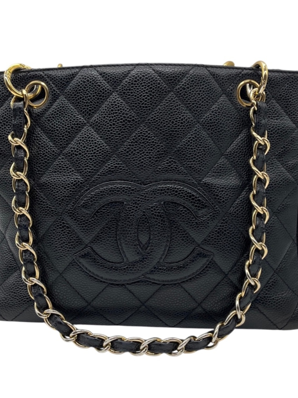 CHANEL VINTAGE BLACK QUILTED CAVIAR LEATHER CC LOGO EMBOSSED SMALL TOTE HANDBAG